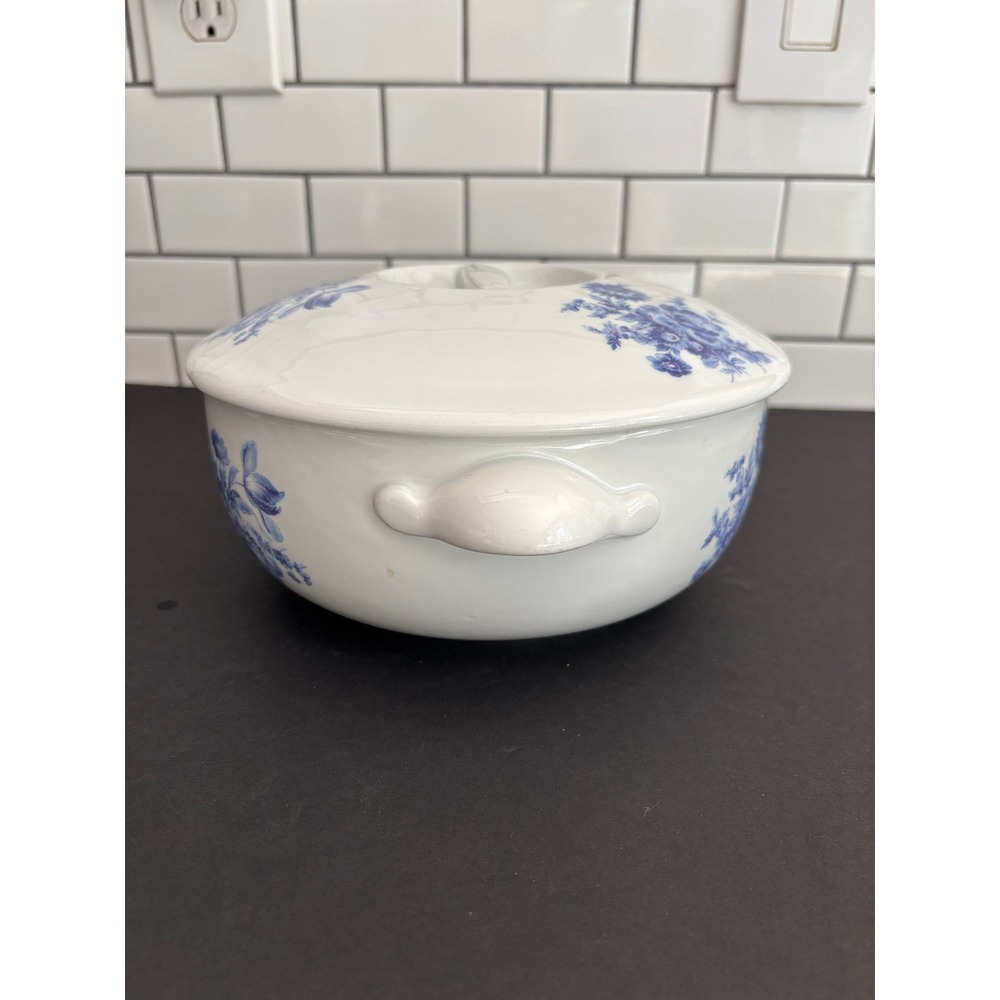 Apilco Blue White Floral Ceramic Tureen with Lid Round Serving Dish with Handles - Picture 4 of 13